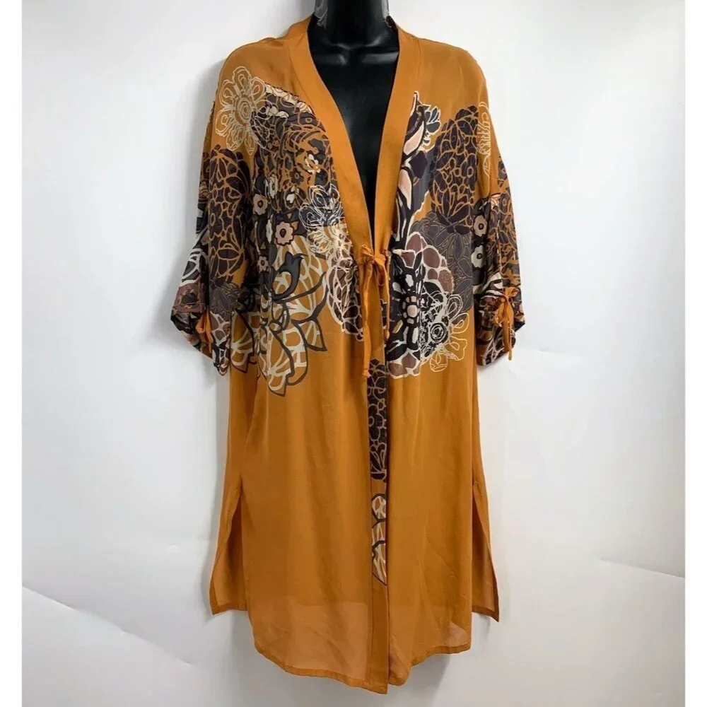 Lea Gottlieb Women's Floral Tie Front Floral 3/4 Sleeve‎ Kimono Size S